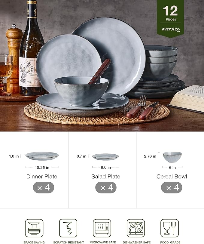 Famiware Dinnerware Sets for 4, Ocean Round 12-Piece Kitchen Plates and Bowls Sets, Reactive Glaze, Microwave and Dishwasher Safe, Scratch Resistant, Grey