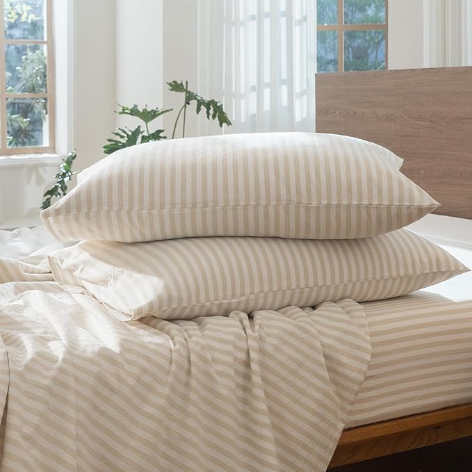 MooMee Striped Duvet Cover Set 100% Washed Cotton Linen Like Textured Breathable Durable Soft Comfy (Almond Milk Grey Classic Stripes, Oversized King Plus 128"x120")