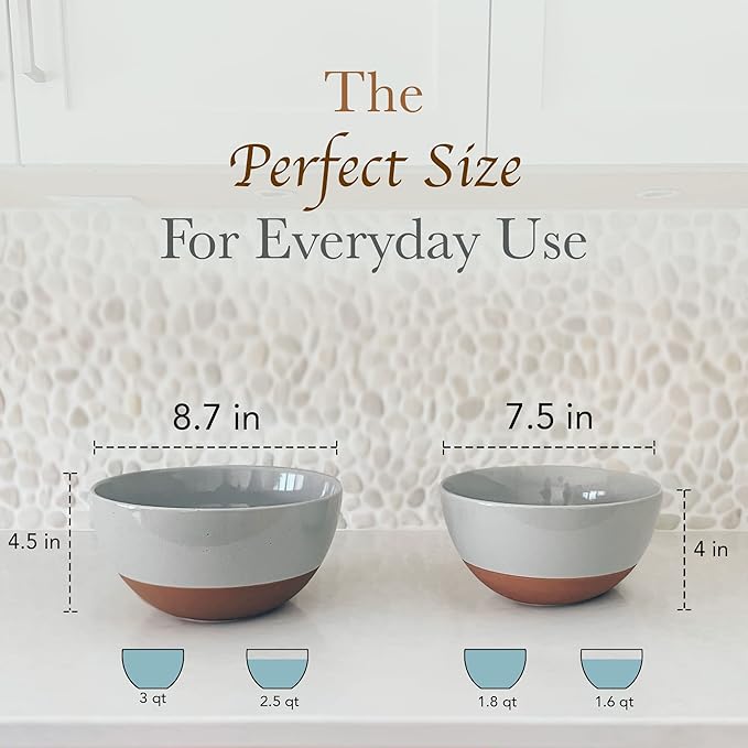 Mora Ceramic Large Mixing Bowls - Set of 2 Nesting Bowls for Cooking, Serving, Popcorn, Salad etc - Microwavable Kitchen Stoneware, Oven, Microwave and Dishwasher Safe - Extra Big 2.5 & 1.6 Qt - Grey
