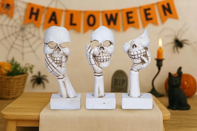 3 Pieces Face Halloween Skeleton Statue Mask Halloween Skull Figurine Home Decor 6.5”Funny Skeleton Collectible Figurines Gothic Desk Ornaments for Indoor Living room Office Table Shelf Bookshelf