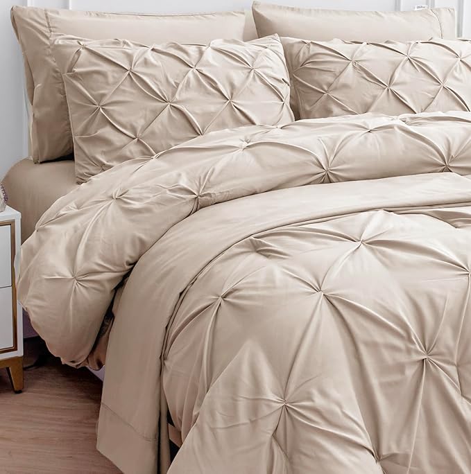 LANE LINEN Queen Comforter Set - 7 Pieces Pintuck Bed in A Bag, Queen Bed Set with Comforters, Sheets, Pillowcases & Shams, Bedding Set - Beige