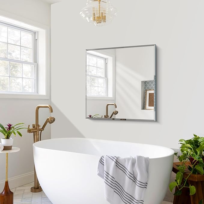 Beveled Mirror, 30x30 inch Square Bathroom Mirrors for Wall, Upgraded Shatterproof Frameless Vanity Mirror Over Sink with Beveled Edge for Bathroom,Bedroom,Living Room and Entryway