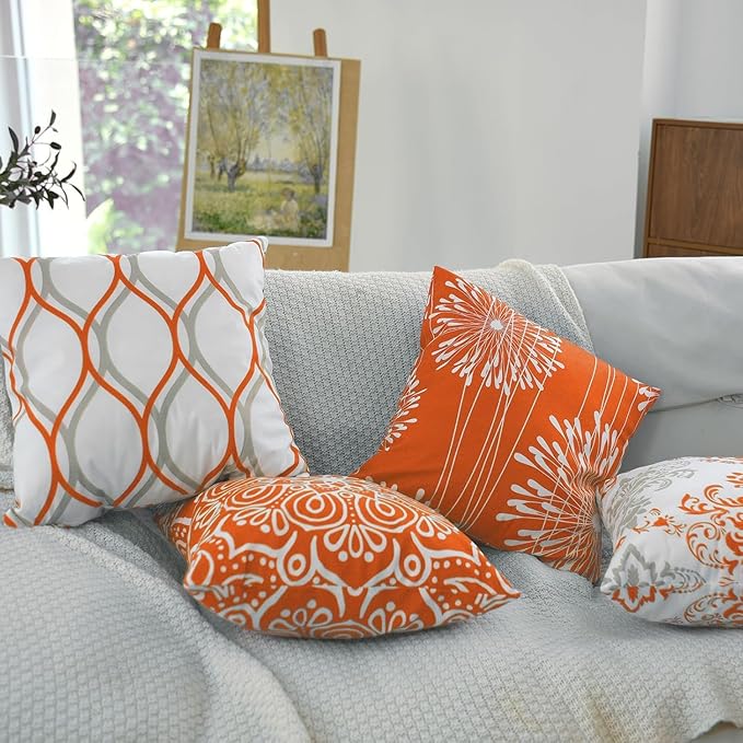 Decorative Throw Pillow Covers 20x20 inch Set of 4,Orange and White Modern Simple Square Pillow Case Cushion Cover for Sofa Couch Farmhouse Outdoor Living Room