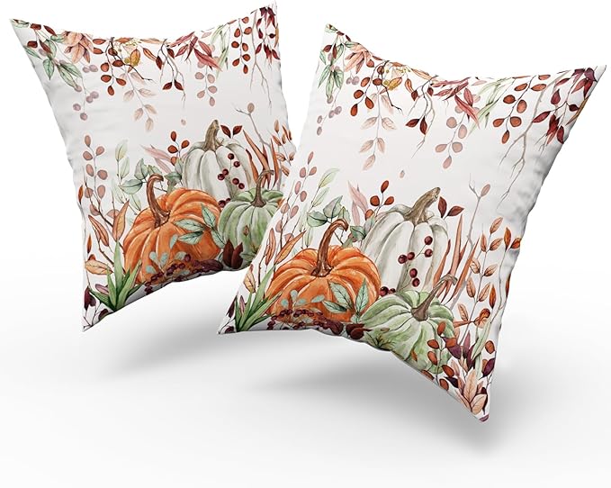 Giwawa Fall Pillow Covers Set of 2 20x20 Inch Orange Green Pumpkins Autumn Leaves Thanksgiving Cushion Covers Farmhouse Decorative Double Sided Throw Pillowcases for Indoor Outdoor Holiday