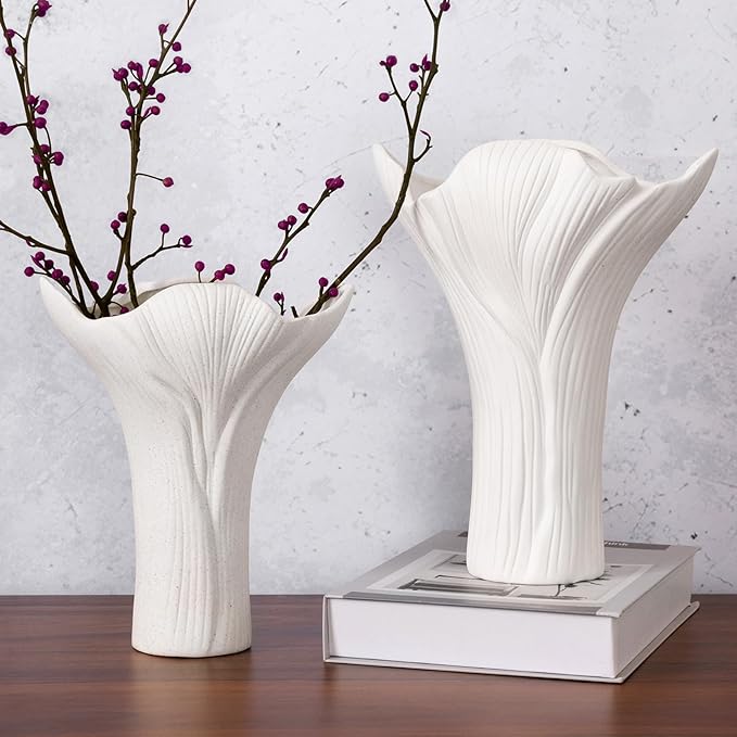 Ceramic Vase Set of 2 - White Tree Bark Textured Vases for Modern Farmhouse & Centerpiece Decor, Handmade Nature-Inspired Flower Vase for Home, Office, Wedding (Gift Ready)