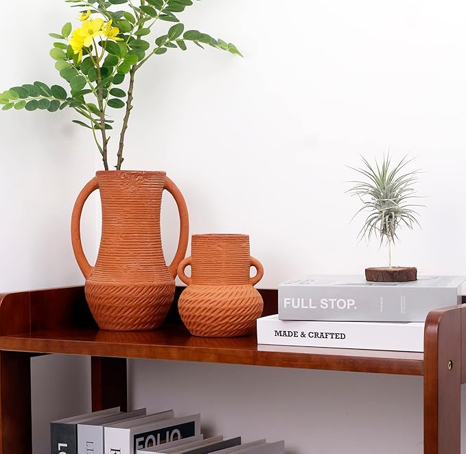 Terracotta Vases Sets, Farmhouse Decor, Ceramic Vase for Flower, Wide Mouth Rustic Home Decor Vases for Flowers, Living Room,Table,Shelf and Accessories (3)