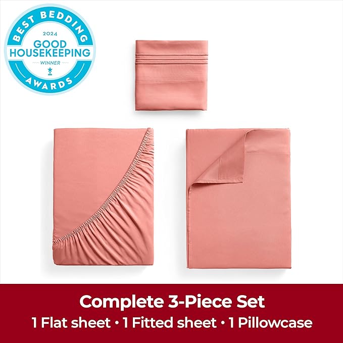 Mellanni Twin Sheets Set - 3 PC Iconic Collection Bedding - Hotel Luxury, Extra Soft, Cooling Bed Sheets - Wrinkle, Fade, Stain Resistant (Twin, Coral)