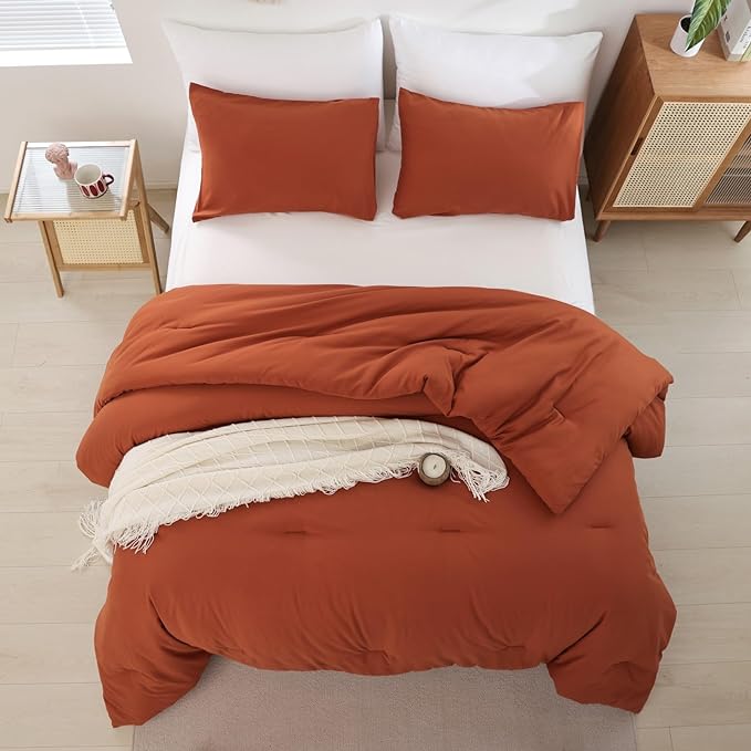ROSGONIA California King Comforter Set Burnt Orange,3pcs(1 Boho Terracotta Cal King Comforter & 2 Pillowcases),All Season Rust Blanket Quilt Oversized