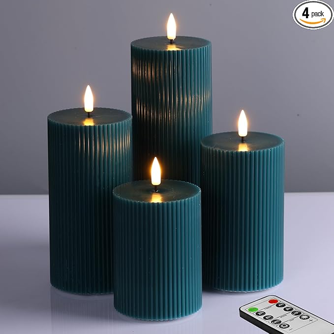 Teal Ribbed Flameless Pillar Candles with Remote, Flat Top Flickering LED Wax Battery Candles Set of 4, Φ 3" H 4" 5" 6" 8"