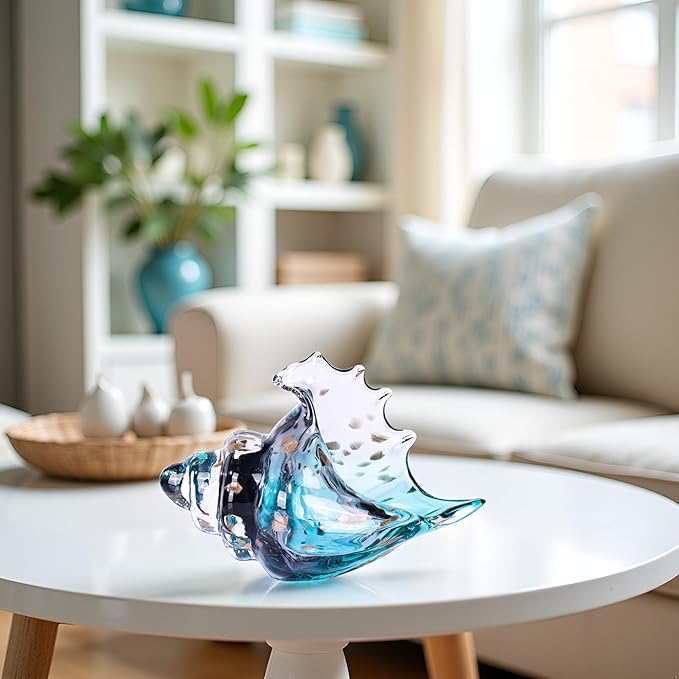 XMGZQ Hand Blown Glass Conch Statue,Sea Glass Art Figurine, Coastal Home Decor with Sea Shells, Living Room TV Stand Above Cabinet,Bookcase,Beach Decoration,Entryway Conch Horn Figurines