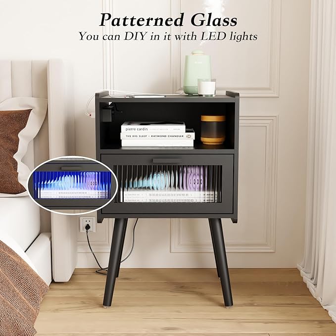 Mid Century Modern Nightstand with Charging Station, Bedside Tables with Glass Drawer, End Table Side Table with 2 Tiers Storage Space, for Bedroom, Living Room, Black