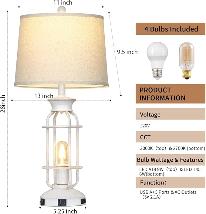 28" Vintage Table Lamps with USB C+A Ports & Outlet, Industrial Farmhouse Table Lamp for Living Room, Rustic Mid Century Modern Bedside Lamps with Nightlight & Beige Fabric Lampshade, Oil-Rubbed White