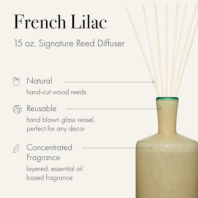 LAFCO New York Signature Reed Diffuser, French Lilac - 15 oz - Up to 9 Months Fragrance Life - Reusable, Hand Blown Glass Vessel - Natural Wood Reeds - Made in The USA