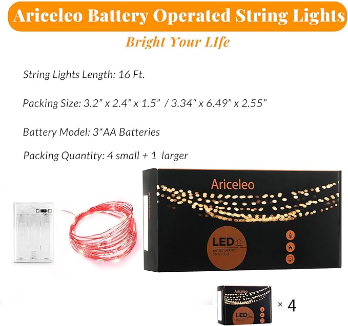 Led Fairy Lights Battery Operated, 4 Packs Mini Battery Powered Copper Wire Starry Fairy Lights for Bedroom, Christmas, Parties, Wedding, Centerpiece, Decoration (5m/16ft Red)