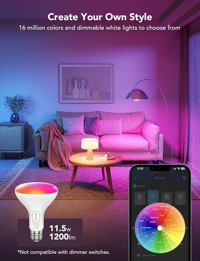 Govee Smart Light Bulbs, 1200 Lumens Dimmable BR30 Bulbs, RGBWW Color Changing Light Bulbs, WiFi & Bluetooth LED Bulbs, 16 Million Colors, Music Sync, Compatible with Alexa, Google Assistant, 6 Pack