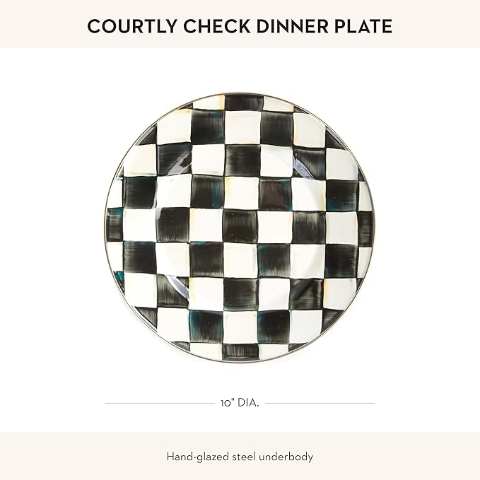 MACKENZIE-CHILDS Enamel Dinner Plate, Decorative Dinnerware Plate, 10 Inches, Set of 1, Black-and-White Courtly Check