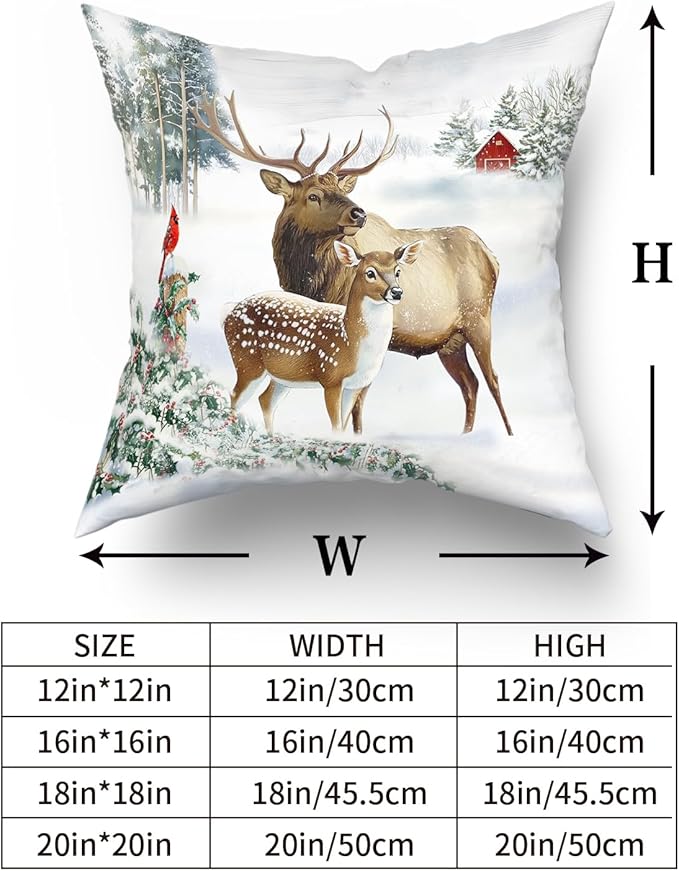 Giwawa Winter Deer Pillow Covers Set of 2, Farmhouse Elk Reindeer Wildlife Cotton Pillow Cases, 20"x20" Xmas Tree Snow Cottage Throw Cushion Covers for Sofa Couch Bedroom Indoor Outdoor Decor