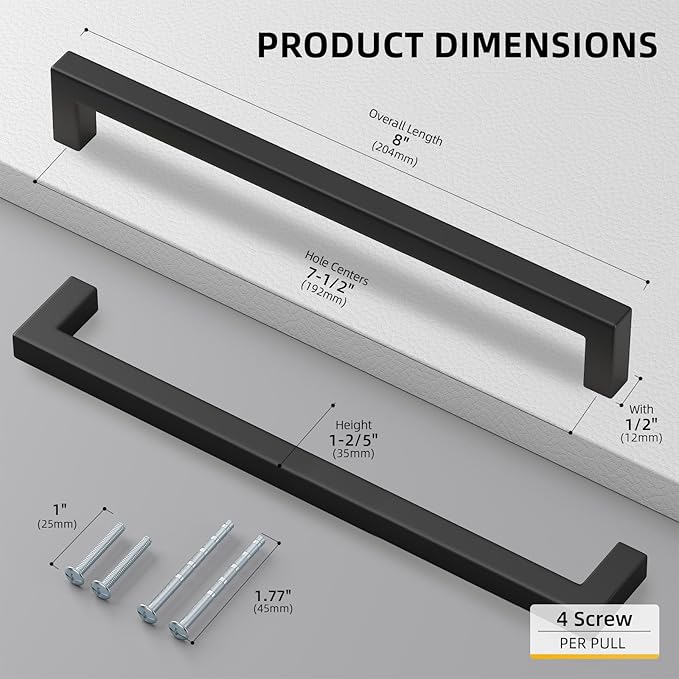 Goldenwarm 1 Pack Black Square Bar Cabinet Pull Drawer Handle Stainless Steel Modern Hardware for Kitchen and Bathroom Cabinets Cupboard,Center to Center 7-1/2in(192mm)