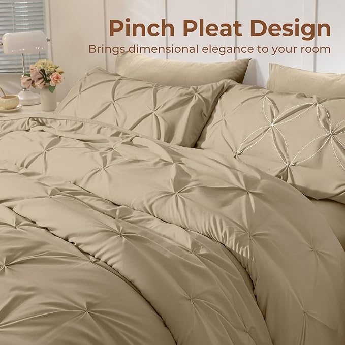 Sasttie Twin XL Comforter Set, 5-Piece Bed in a Bag, Pintuck Bedding Sets for All Season, Includes Comforter, Flat Sheet, Fitted Sheet, Pillowcase and Pillowsham, Dark Linen