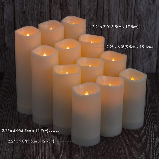 Aignis 24pcs Flameless LED Candles Battery Operated with 10-Key Remote Timer, Outdoor Waterproof Electric Lights, Warm Flickering Glow for Cozy Home/Wedding/Holiday Décor (D2.2'' x H4''/5''/6''/7'')