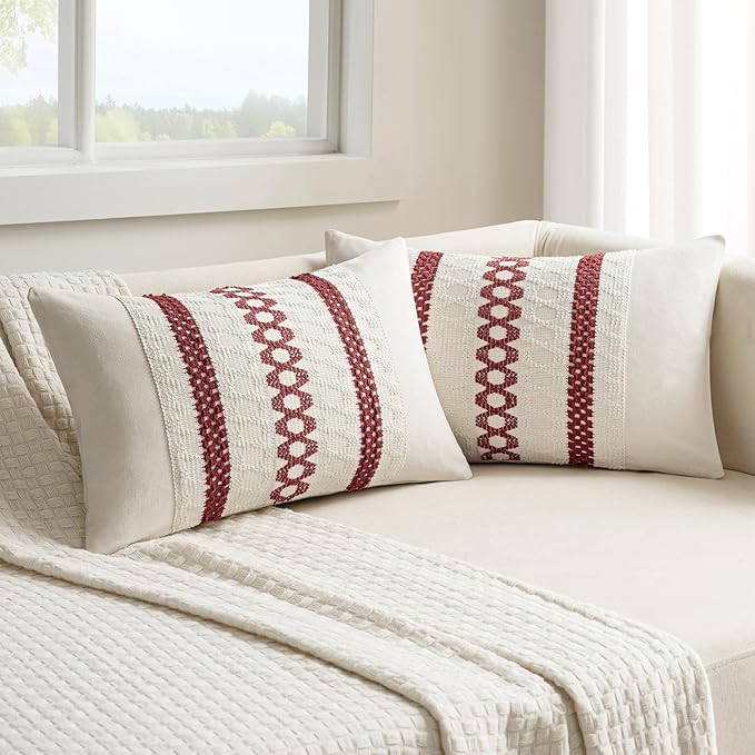 MIULEE Set of 2 Christmas Burgundy Boho Decorative Lumbar Pillow Covers 12x20 Inch Farmhouse Rustic Couch Throw Pillows Modern Cotton Cushion Covers Retro Macrame Woven Home Decor for Bed Sofa Chair