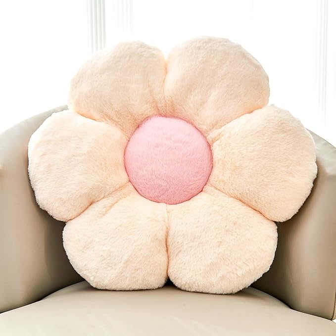 Beige Flower Pillow, Cute Decorative Flower Shaped Throw Pillow with Faux Rabbit Fur, 14.9" Soft Flower Plush Throw Pillow Floor Pillows Room Décor for Bedroom Living Room
