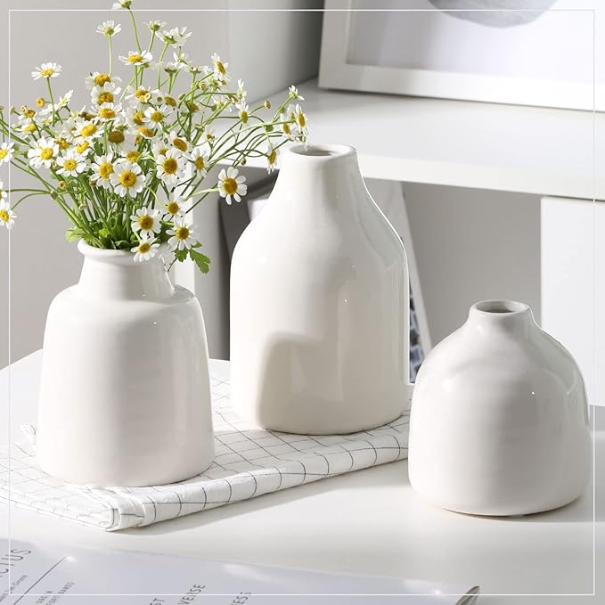 hjn Small White Vase Set of 3 for Modern Home Decor,Ceramic Vases for Centerpieces Flower Vases for Living Room Wedding/Dinner Table/Party -White