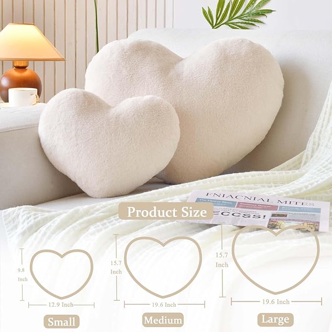 Beige Heart Pillows, Cute Heart Decorative Pillow, Heart Shaped Throw Pillows for Bed, Faux Rabbit Fur Plush Hoom Decor Pillow Cushion for Chair Sofa Living Room (Large-19.6"x15.7")