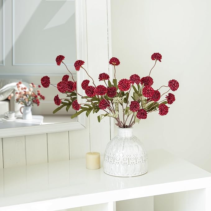 Artificial Kiku Flower Burgundy - 5 Pcs Fake Pompon Mums Silk Small Chrysanthemum Faux Ball Fall Flower Stem Decor for Autumn Wedding Filler DIY Bouquet Centerpieces Arrangements Shower (Burgundy)