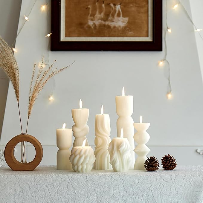 7-Pack Pillar Candles - Soy Wax Handmade Ribbed Candles for Home Decor, Housewarming Gift, Shelf & Table Decor - Aesthetic Modern Candles Set (White)