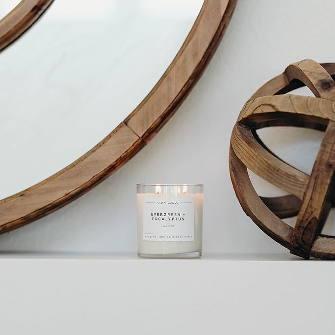 Calyan Wax Co. 2 Wick Candle, Evergreen + Eucalyptus Scented Candle, 37 Hour Burn Time, Aromatherapy Soy Candles, Non Toxic & Vegan Soy Wax, Glass Tumbler Scented Candles, 12.5oz