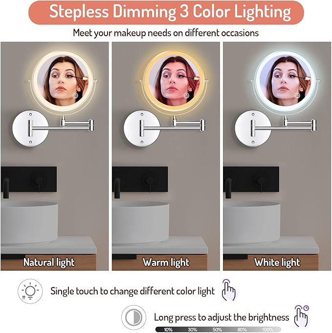 Rocollos Rechargeable Wall Mounted Lighted Makeup Mirror Chrome, 8 Inch Double-Sided LED Vanity Mirror 1X/10X Magnification,3 Color Lights Touch Screen Dimmable 360°Swivel 13 Inch Extendable