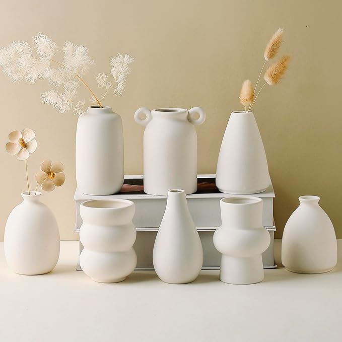 Set of 8 White Ceramic Bud Vases for Flowers, Pampas Grass Small Vases for Farmhouse Boho Decor, Decorative Vases for Centerpiece, Wedding Decoration, Home and Office, Room and Table Decor