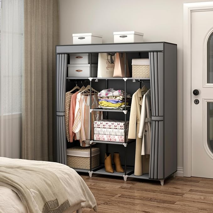 Portable Closet Wardrobe, 51-Inch Clothes Organizer with 2 Hanging Rods and 8 Shelves, Non-Woven Fabric Cover, Medium Capacity Storage for Bedroom and Living Room, Grey