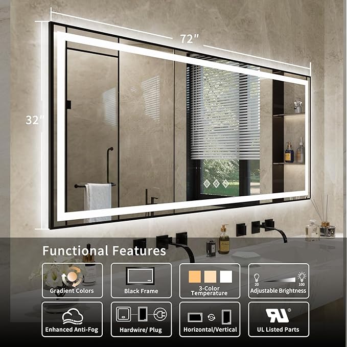 Bathroom Mirrors for Wall, 72x32 Inch Black Framed Gradient Front and Backlit Smart Mirror, 3 Colors Dimmable CRI>90, IP54 Enhanced Anti-Fog Wall Mounted Bathroom Mirror Frame