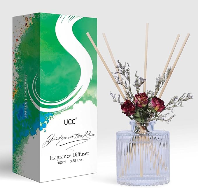 UCC Reed Diffuser Set, 3.38 oz Garden in The Rain Premium Scented Diffuser with Flower Sticks Home Fragrance Reed Diffuser for Bathroom Shelf Decor