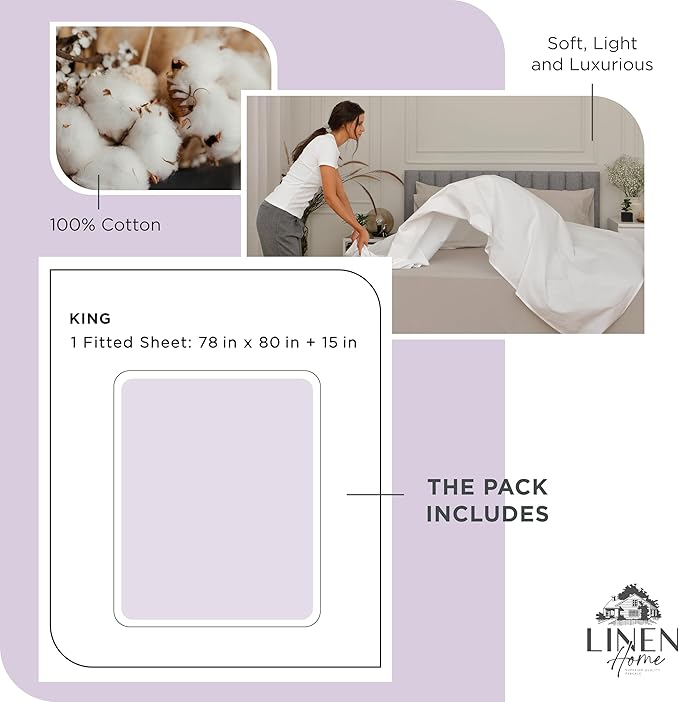 Linen Home 100% Cotton Percale Weave Fitted Sheet, King Size, Iris Lilac, 1 Deep Pocket Fitted Sheet, Fits Mattress Upto 16" Crisp and Cool Strong Bed Linen, 78"X80"+15"