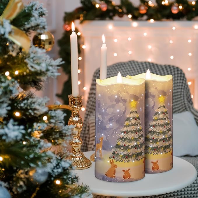 Eywamage Fiber Optic Flameless Candles with Remote, Flickering Battery Operated Christmas LED Pillar Candles Set of 3