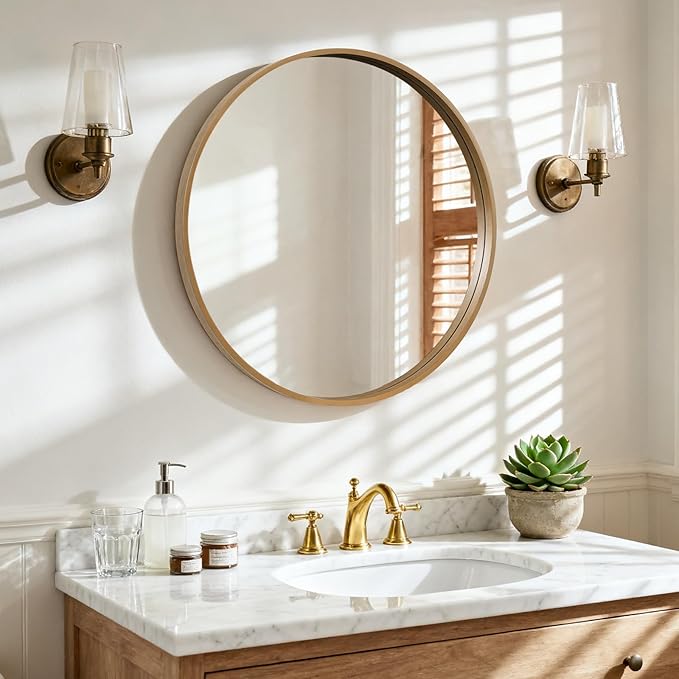 HOMECOOKIN Round Wood Mirror 28 inch Circle Wall Mirror for Bathroom, Vanity, Entryway, Living Room Decor, Natural Boho Accent