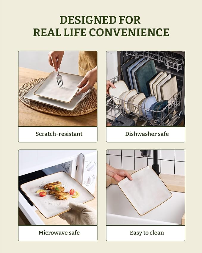 Famiware Ocean Square Plates and Bowls Set, 18 Pieces Dinnerware Sets, Dishes Set for 6, Microwave and Dishwasher Safe, Scratch Resistant, Cappuccino White