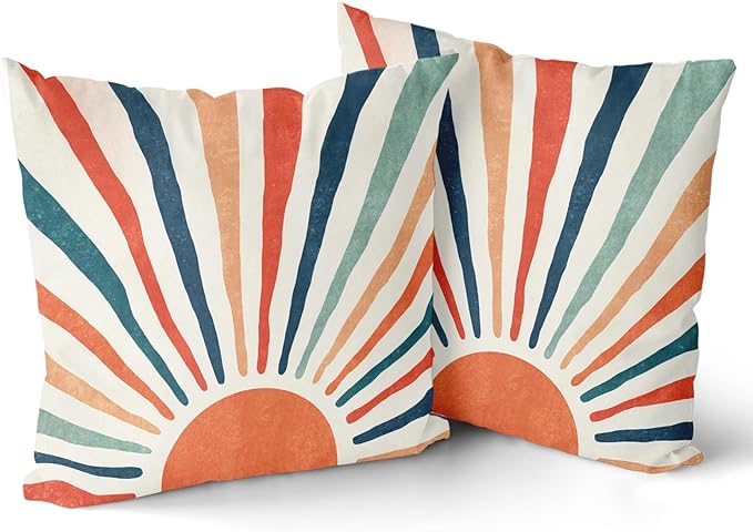 Giwawa Summer Pillow Covers 20x20in Set of 2 Colorful Boho Sun Sunset Sunrise Decorative Cotton Pillow Cases Sunshine Rainbow Stripes Throw Cushion Covers for Sofa Couch Bedding Patio