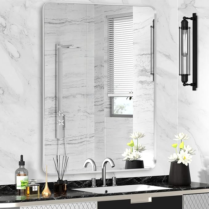 Silver Framed Bathroom Mirror, Brushed Nickel Large Rounded Corner Rectangle Wall Mirror, Tempered Glass, Shatter Proof, Anti-Rust, Hangs Horizontally or Vertically (28" x 36", Silver)