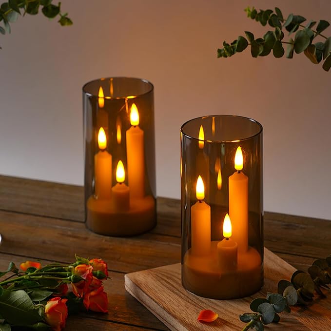 Da by Flameless Candle, Battery-Powered Candle with Remote Control and Timer, LED Three-Wick Pillar Candle, Romantic Wedding, Perfect Home Décor, 2 Pack (Grey)