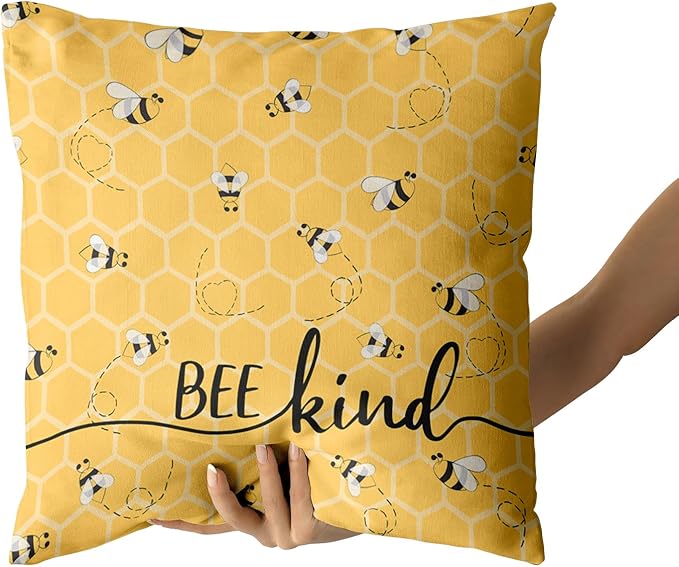 Giwawa Summer Pillow Covers Set of 2-16x16inch Bee Happy Decorative Square Pillowcases - Yellow Honeycomb Farmhouse Throw Cushion Cover for Sofa Couch Indoor Outdoor Living Room