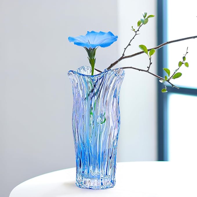Glass Vase for Flowers, Blue Clear Glass Vases for Centerpieces, Crystal Vase for Home Table Flower Decor 9.1 inches Tall