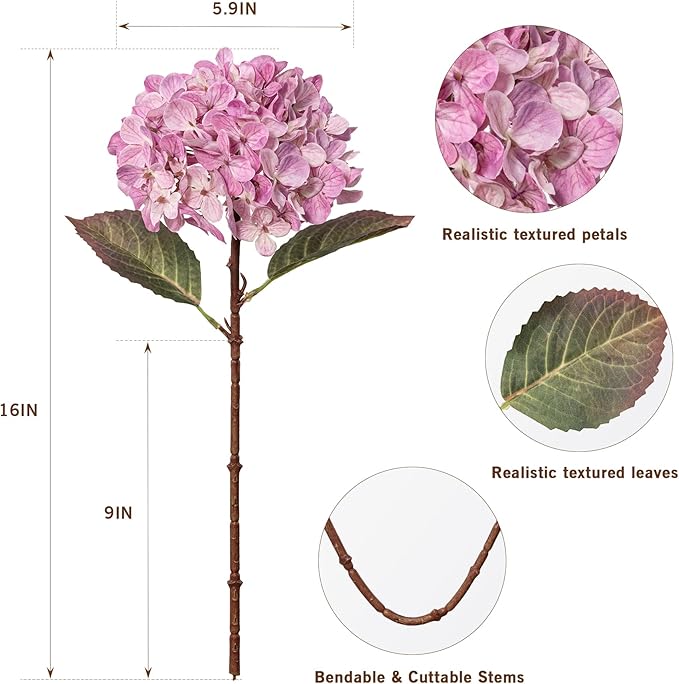 Artificial Flower Fake Silk Hydrangea Heads Bouquet with Stems Bulk for Fall Decoration Table Center Christmas Indoor Outdoor Faux Floral Realistic with Leaves Plants Crafts 8PCS(Pink)