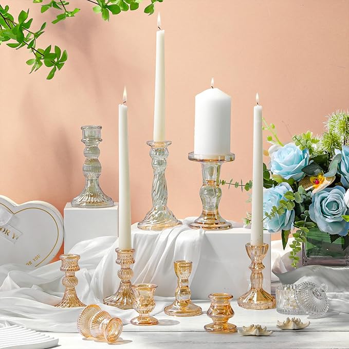 Mumufy 10 Pcs Glass Crystal Taper Candle Holders Clear Glass Candlestick Holder Fit 0.8 Inch Candles Crystal Decorative Candle Stand Centerpiece Table Wedding Dining Party (Classic,Gold)