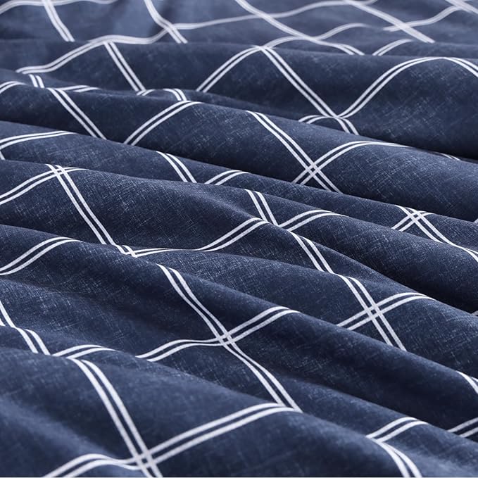 Plaid Full Size Comforter Set Dark Blue, Reversible Checkered Bedding Set 7 Pieces for Boys Girls Teen, Lightweight Bed in a Bag for Dorm with Sheets, Pillowcases & Shams