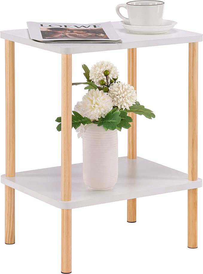 Apicizon 2 Tier End Table, Small Side Table with Solid Wood Legs, Boho Bedside Table with Storage Shelf, Nightstand for Small Spaces, Bedroom, Living Room, Entryway, Easy Assembly, White+Natural