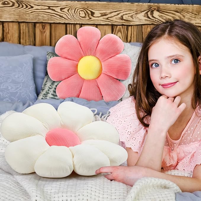 Coume 4 Pcs Flower Pillows 15" Cute Plush Flower Throw Pillows Daisy Floor Seat Cushion for Bed Sofa Couch Chair Classroom Corner Office Christmas Room Decor(Pastel)